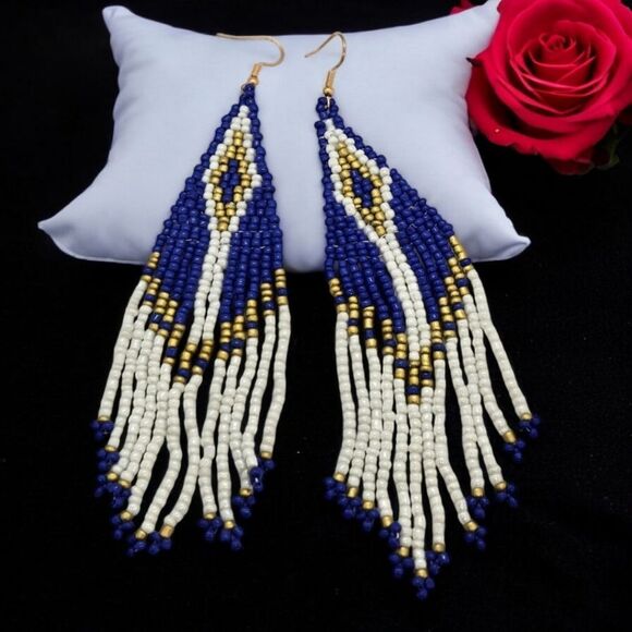Blue Aztec Seed Bead Boho Dangle Earrings Tribal Native Jewelry Western Beaded - Picture 1 of 7